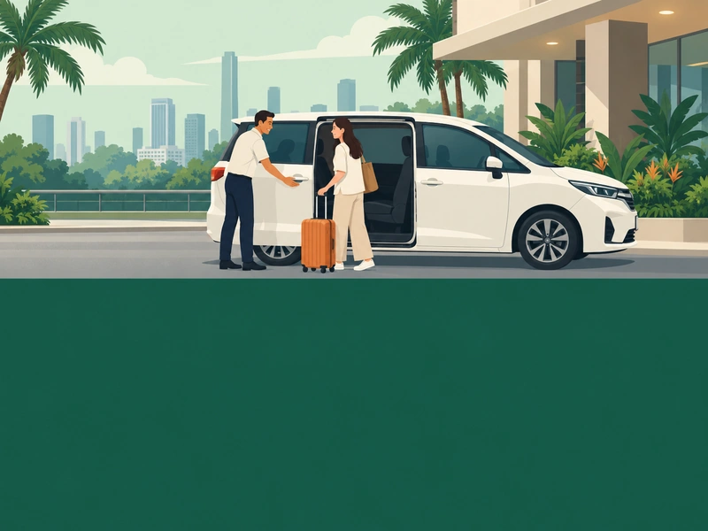 Illustration of a driver helping a passenger with luggage into a white MPV at a Malaysian city kerbside