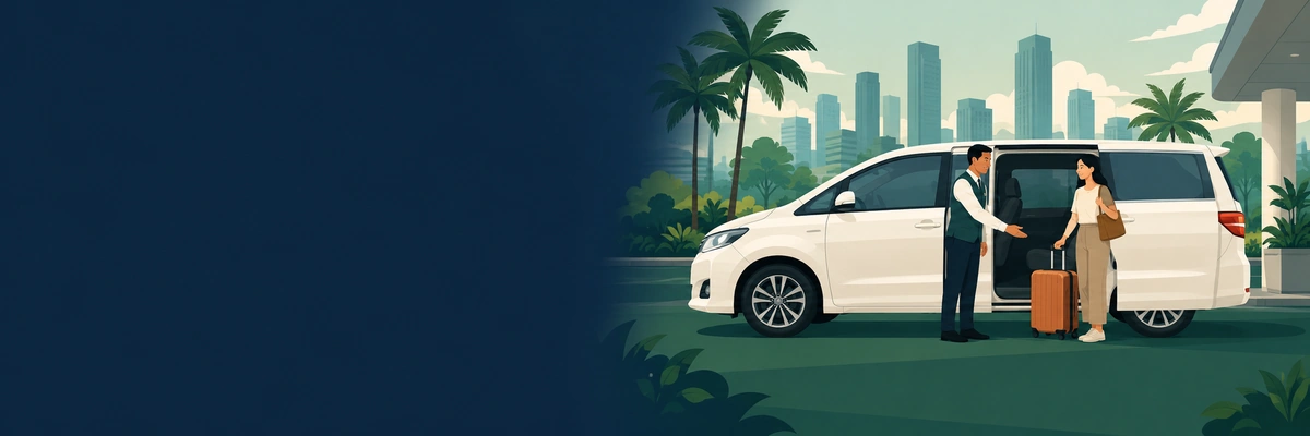 Illustration of a driver helping a passenger with luggage into a white MPV at a Malaysian city kerbside
