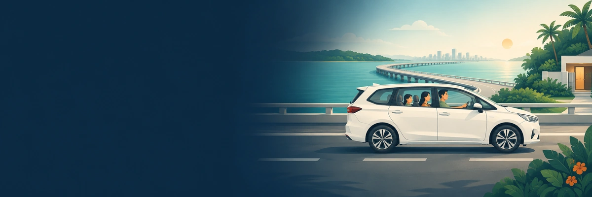 Illustration of a family travelling in a white private MPV along a coastal road